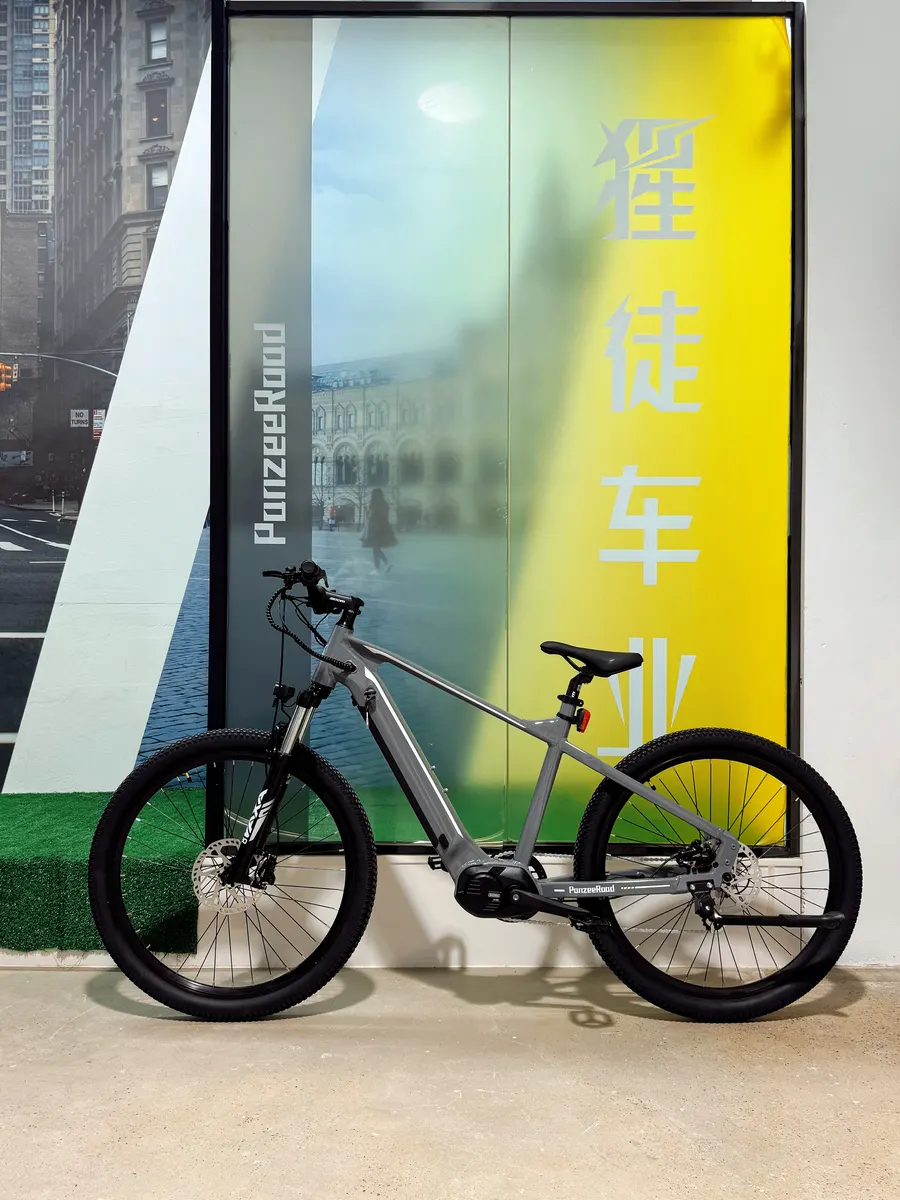 PanzeeRoad e-MTB in front of the 猩徒车业 brand wall
